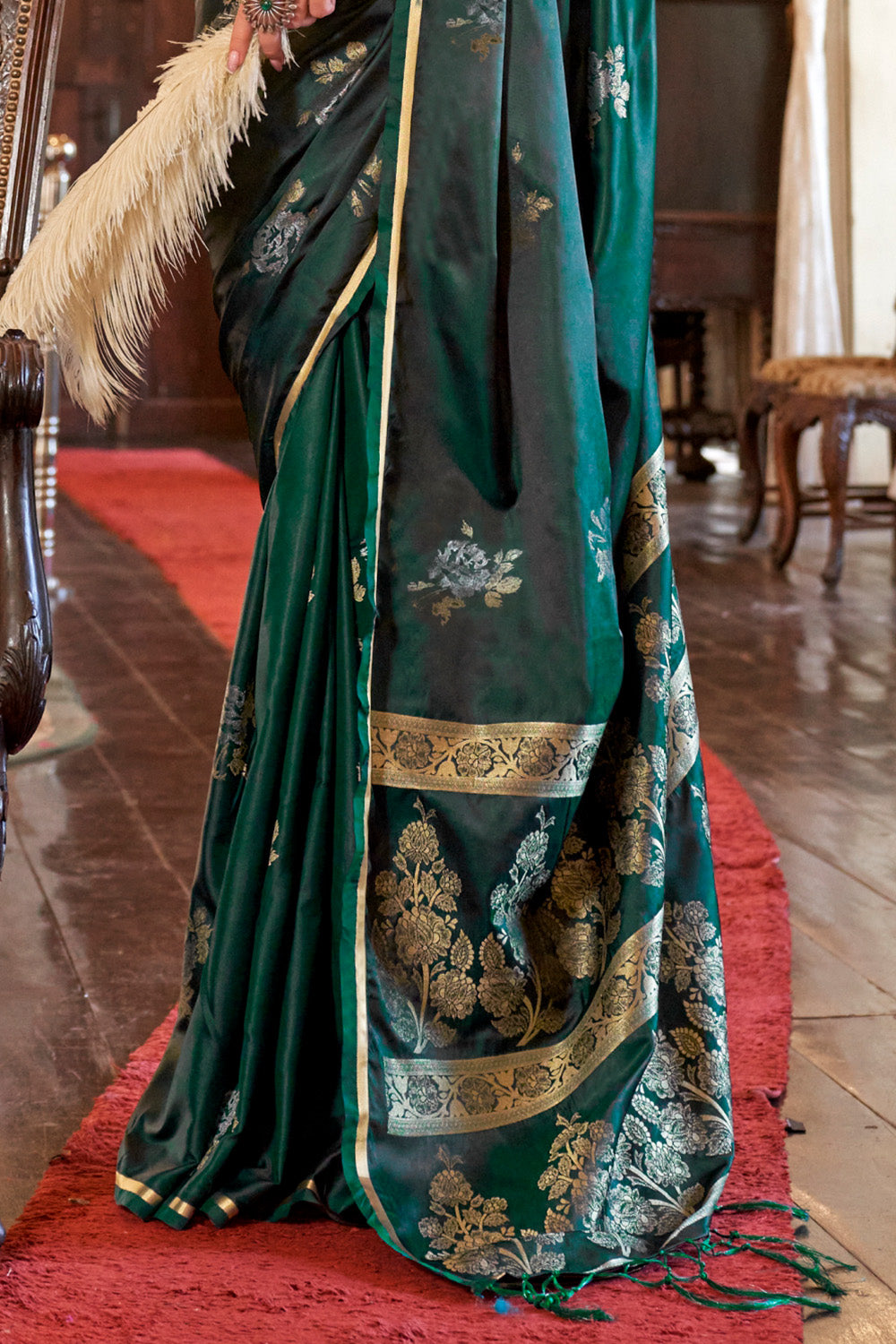 Dark Green Satin Weave Saree With Brocade Blouse