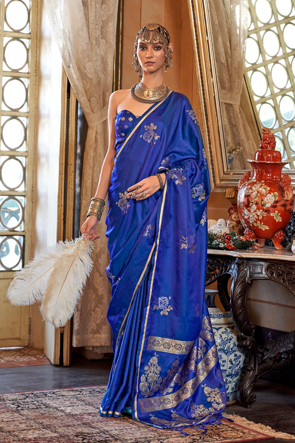 Dark Blue Satin Weave Saree With Brocade Blouse