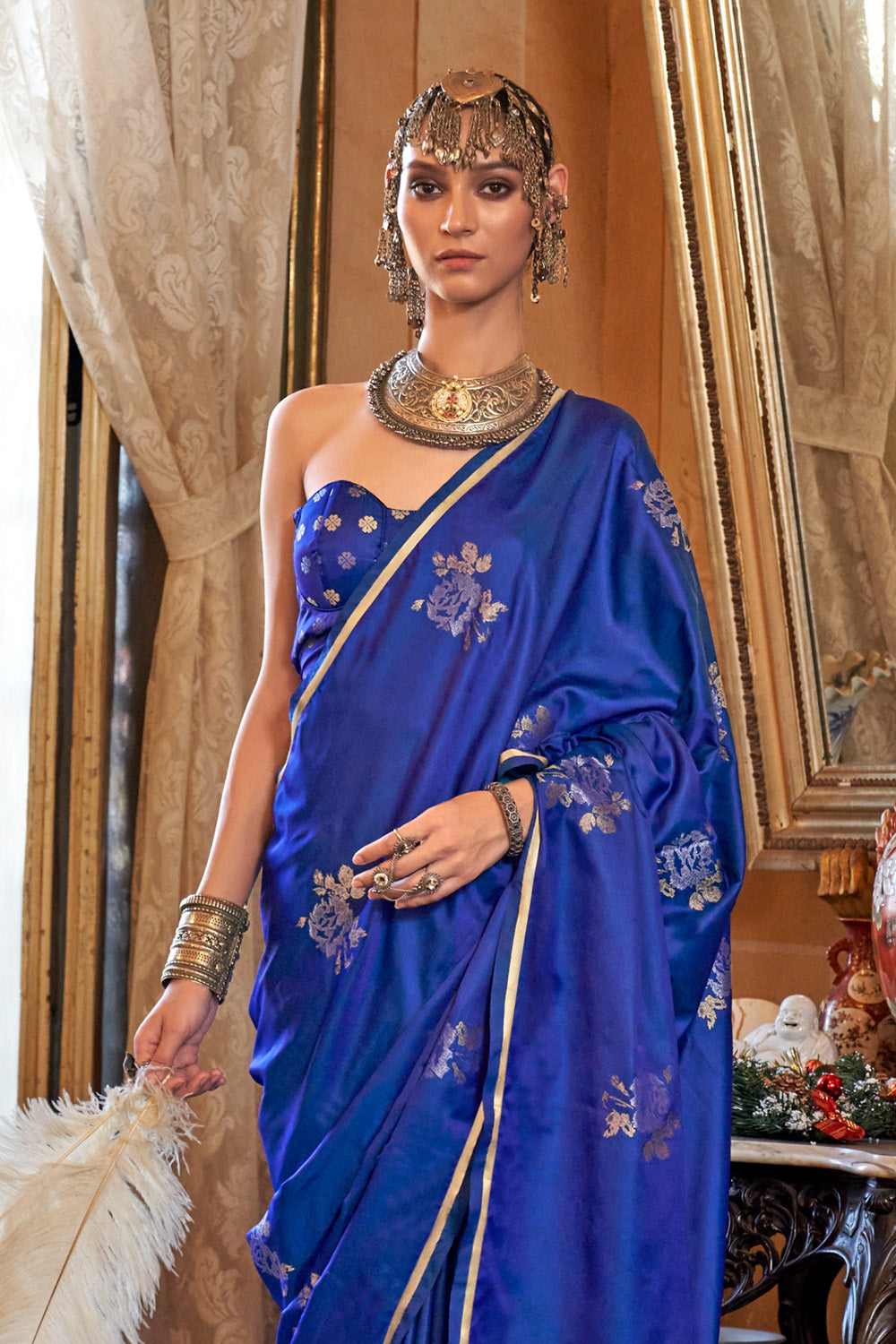 Dark Blue Satin Weave Saree With Brocade Blouse