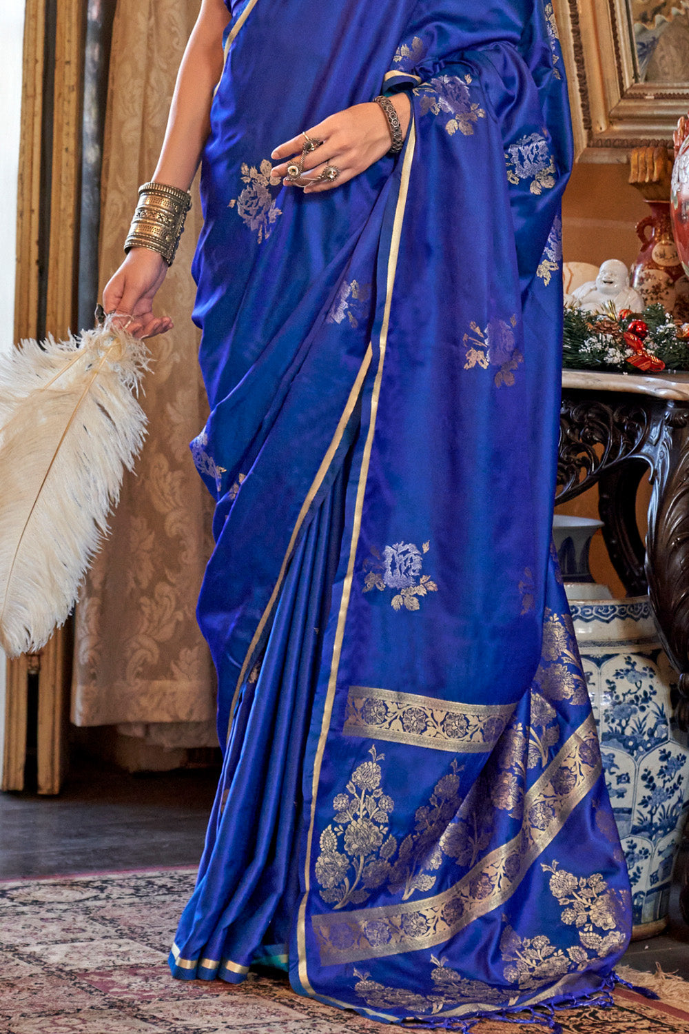 Dark Blue Satin Weave Saree With Brocade Blouse