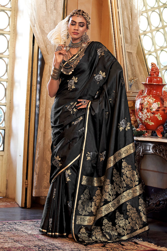 Black Satin Weave Saree With Brocade Blouse