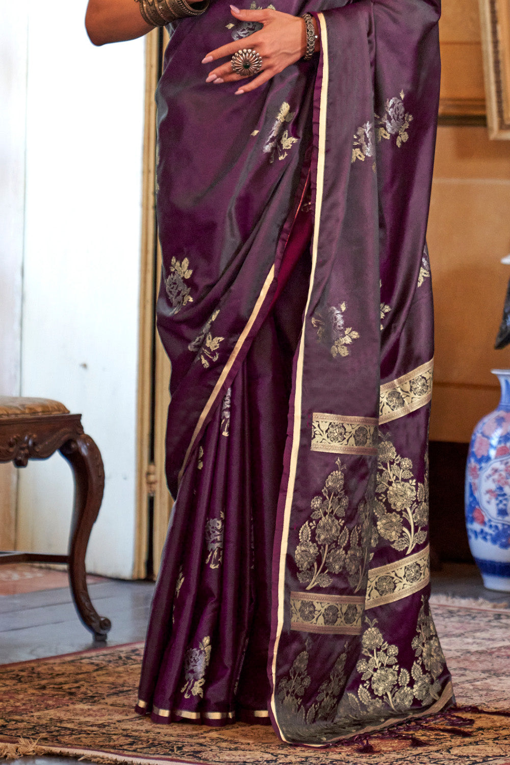 Maroon Satin Weave Saree With Brocade Blouse