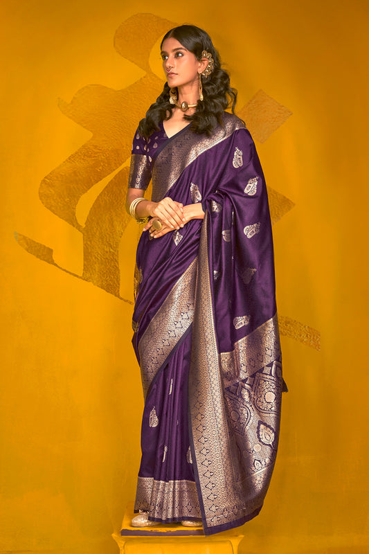 Dark Purple Banarasi Saree With Pallu And Blouse