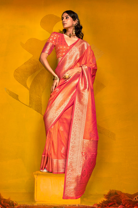 Orange Banarasi Saree With Pallu And Blouse