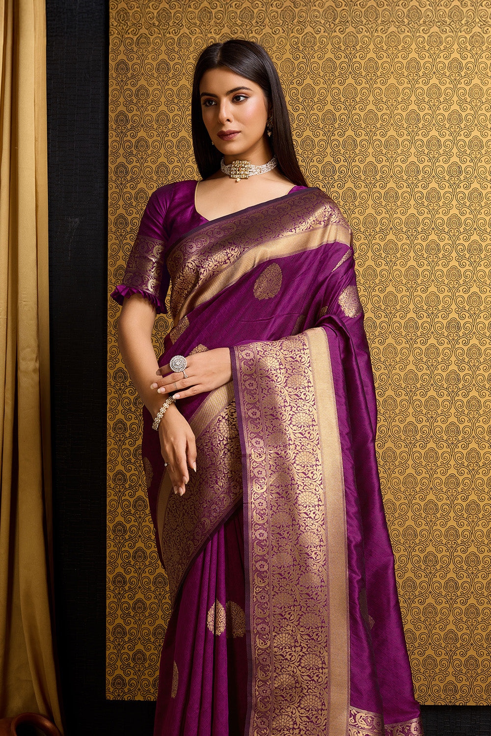 Wine Banarasi Saree with border detail