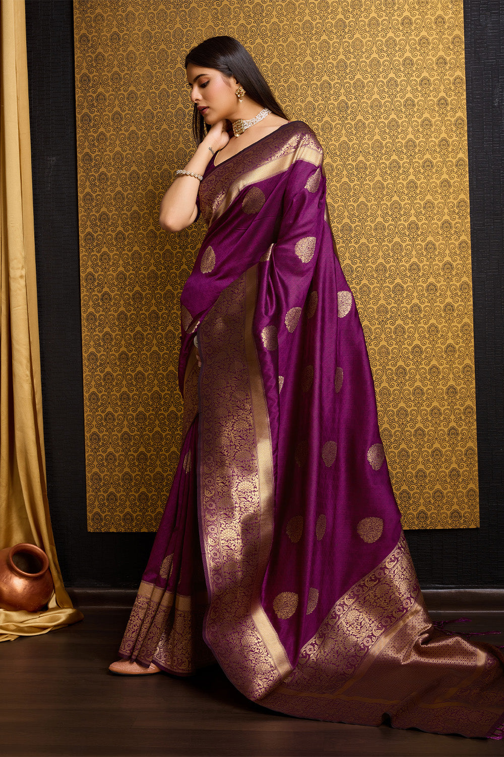 Wine Banarasi Saree with border detail