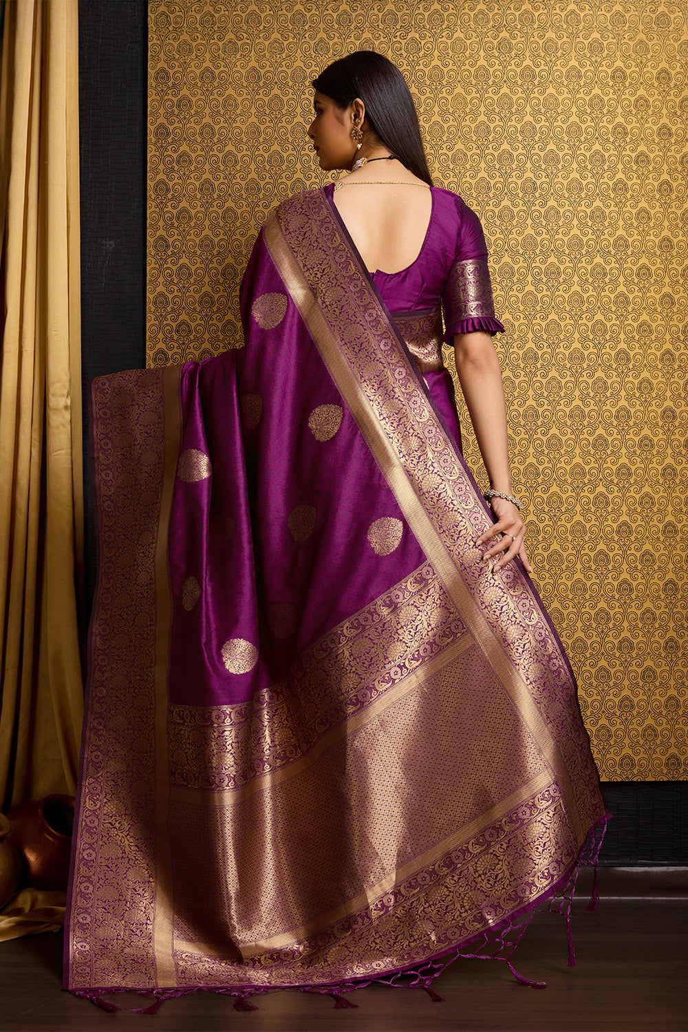 Wine Banarasi Saree with border detail
