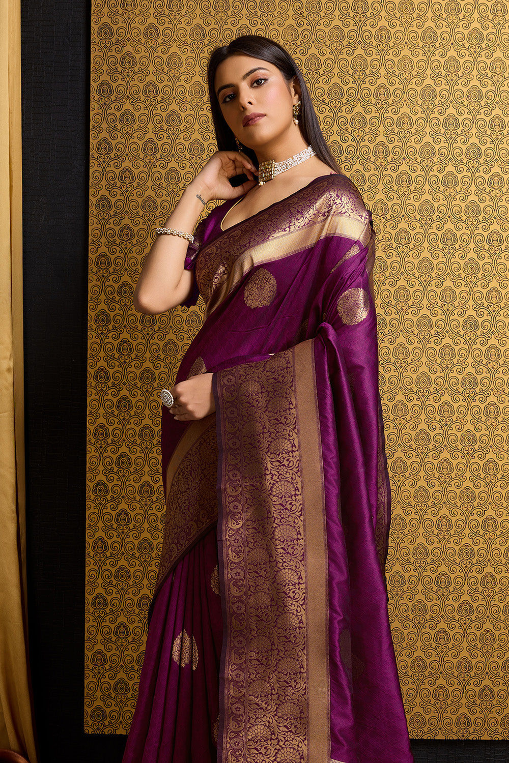 Wine Banarasi Saree with border detail