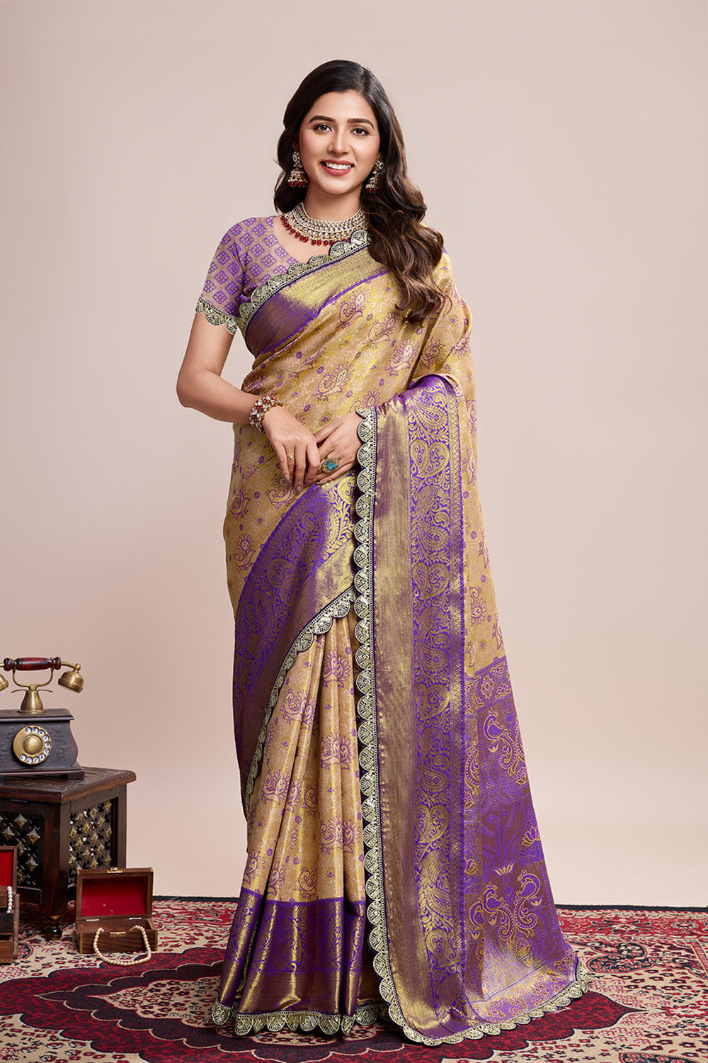 Gold Wine All Over Zari Saree With Rich Pallu