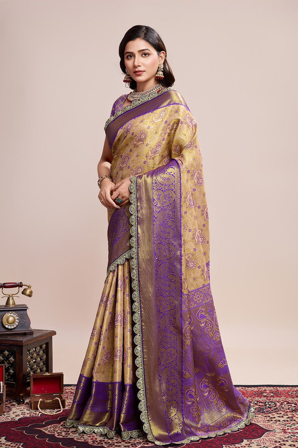 Gold Wine All Over Zari Saree With Rich Pallu