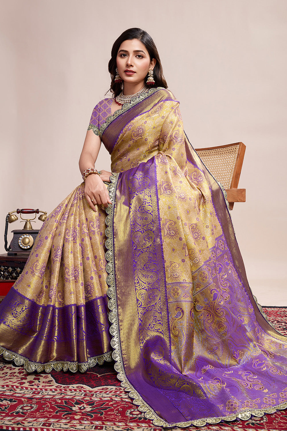Gold Wine All Over Zari Saree With Rich Pallu