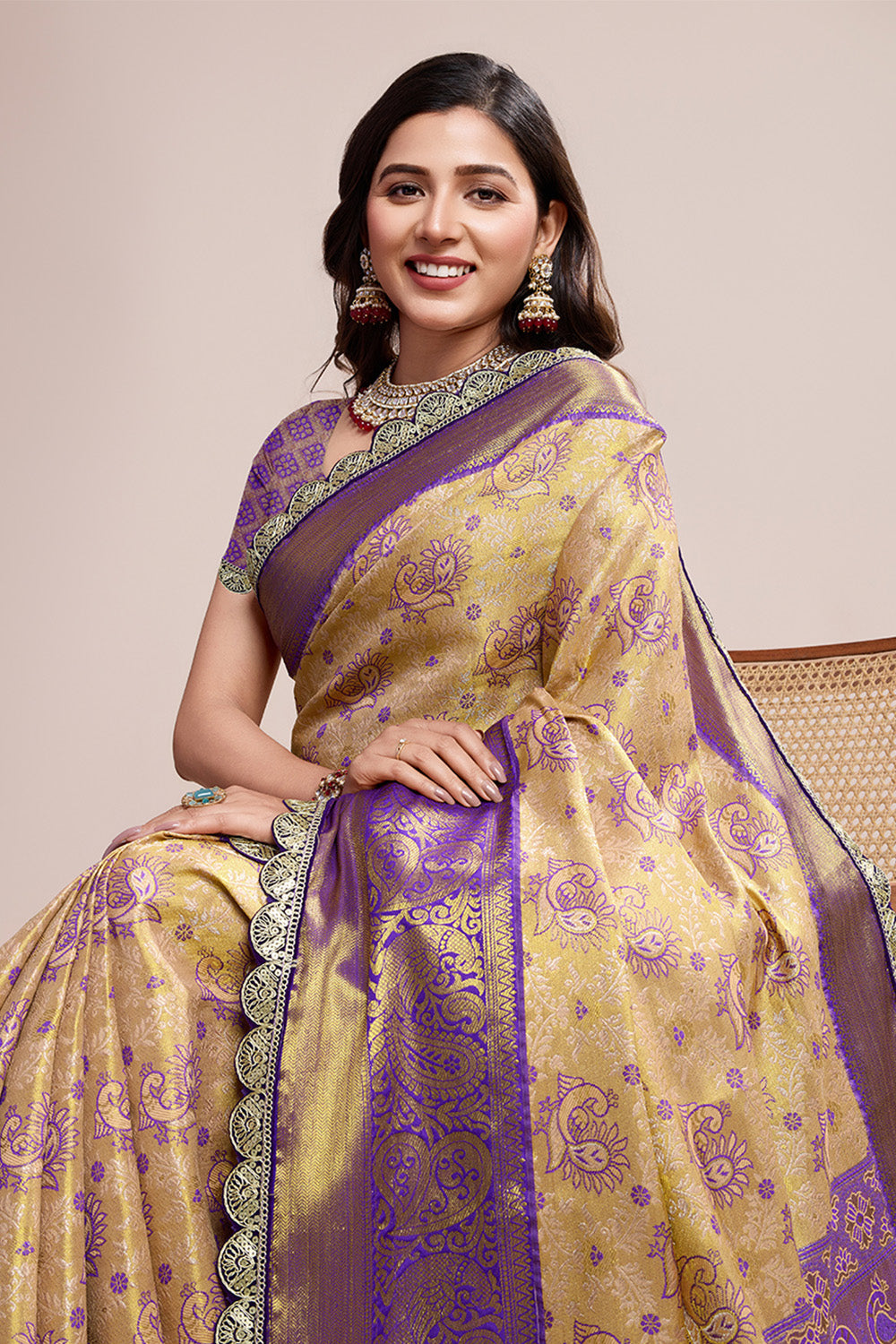 Gold Wine All Over Zari Saree With Rich Pallu