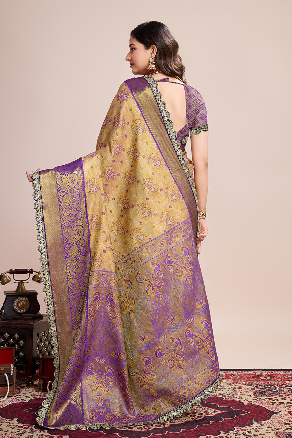 Gold Wine All Over Zari Saree With Rich Pallu
