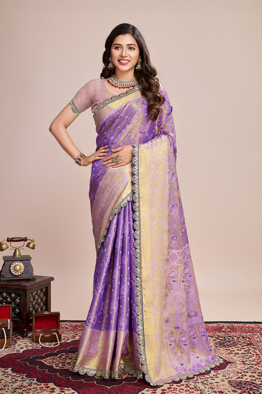 Purple All Over Zari Saree Weaved With Rich Pallu