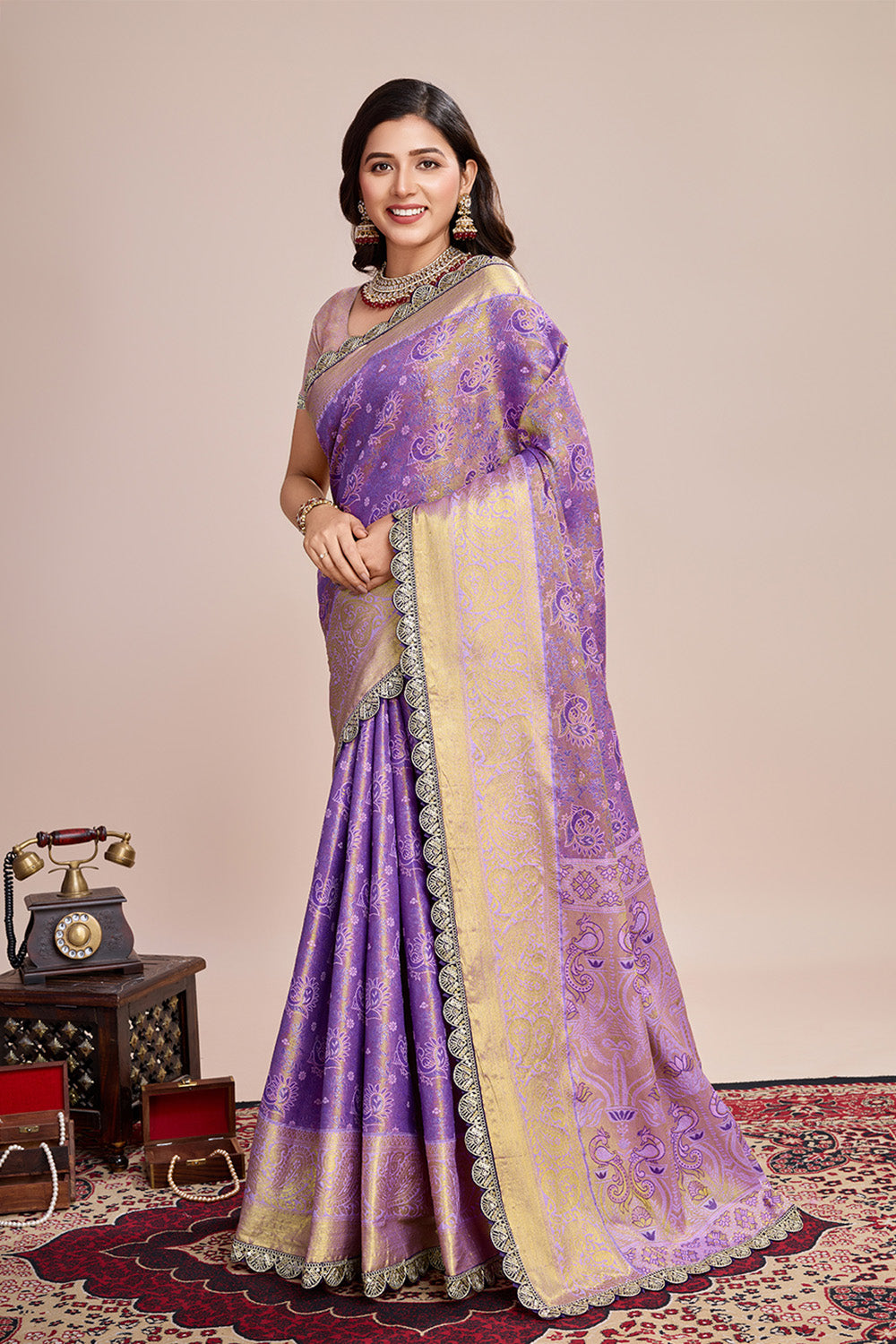Purple All Over Zari Saree Weaved With Rich Pallu