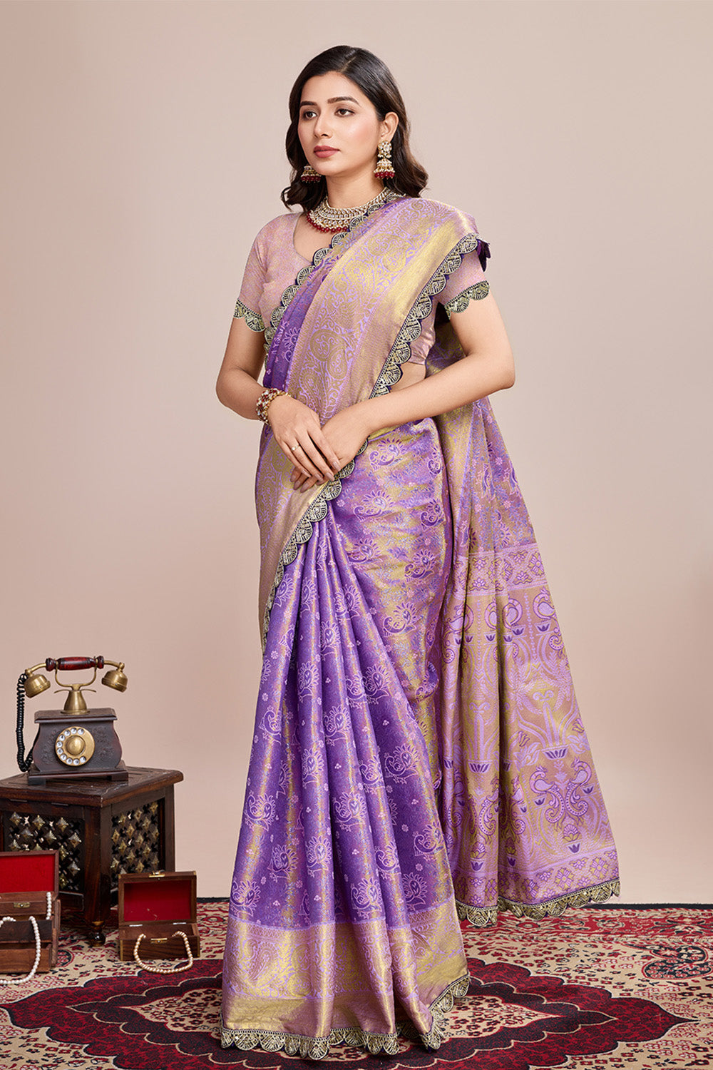 Purple All Over Zari Saree Weaved With Rich Pallu