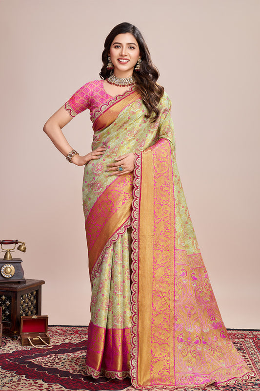 Green Orange All Over Zari Saree With Rich Pallu