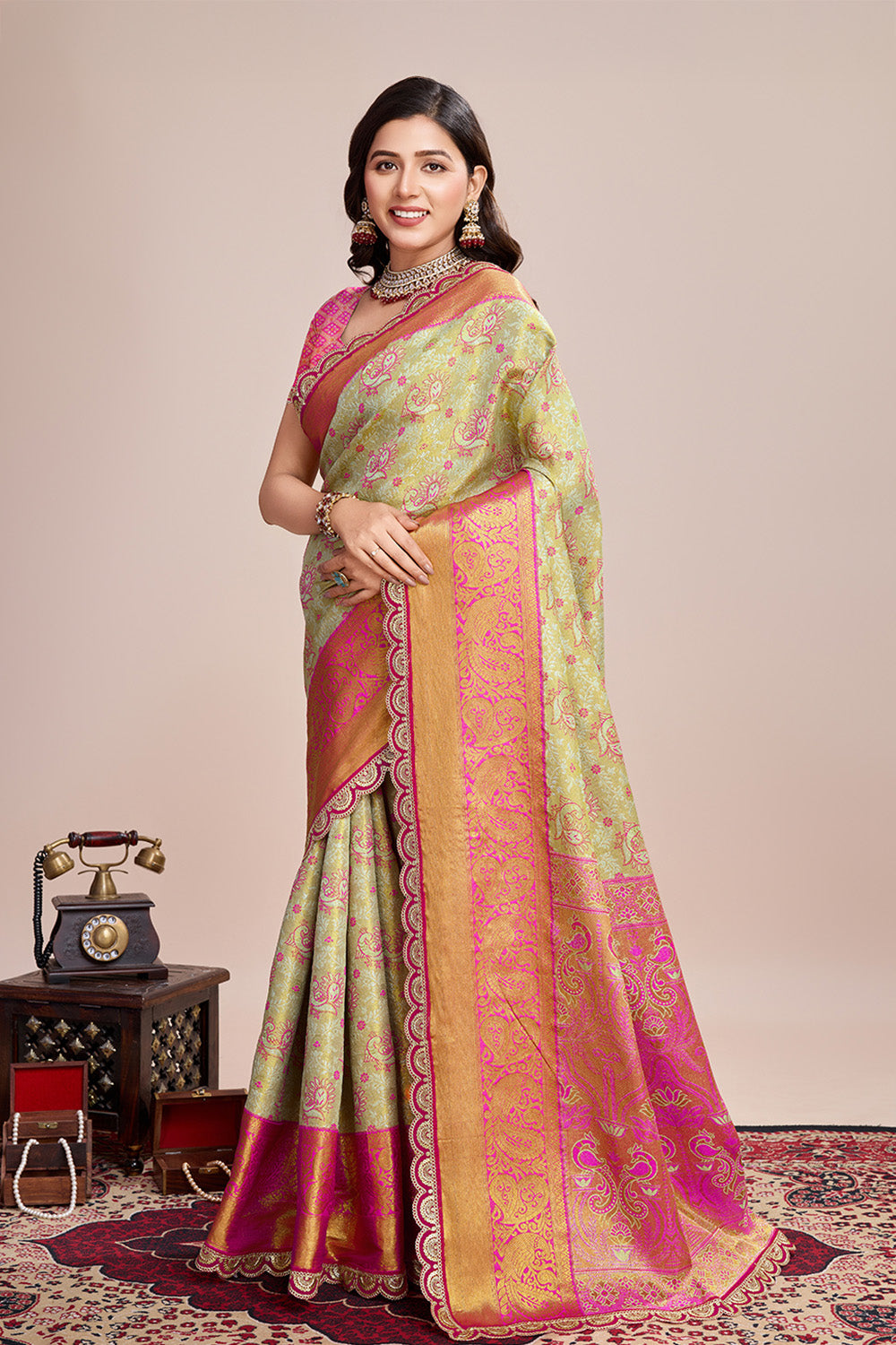 Green Orange All Over Zari Saree With Rich Pallu