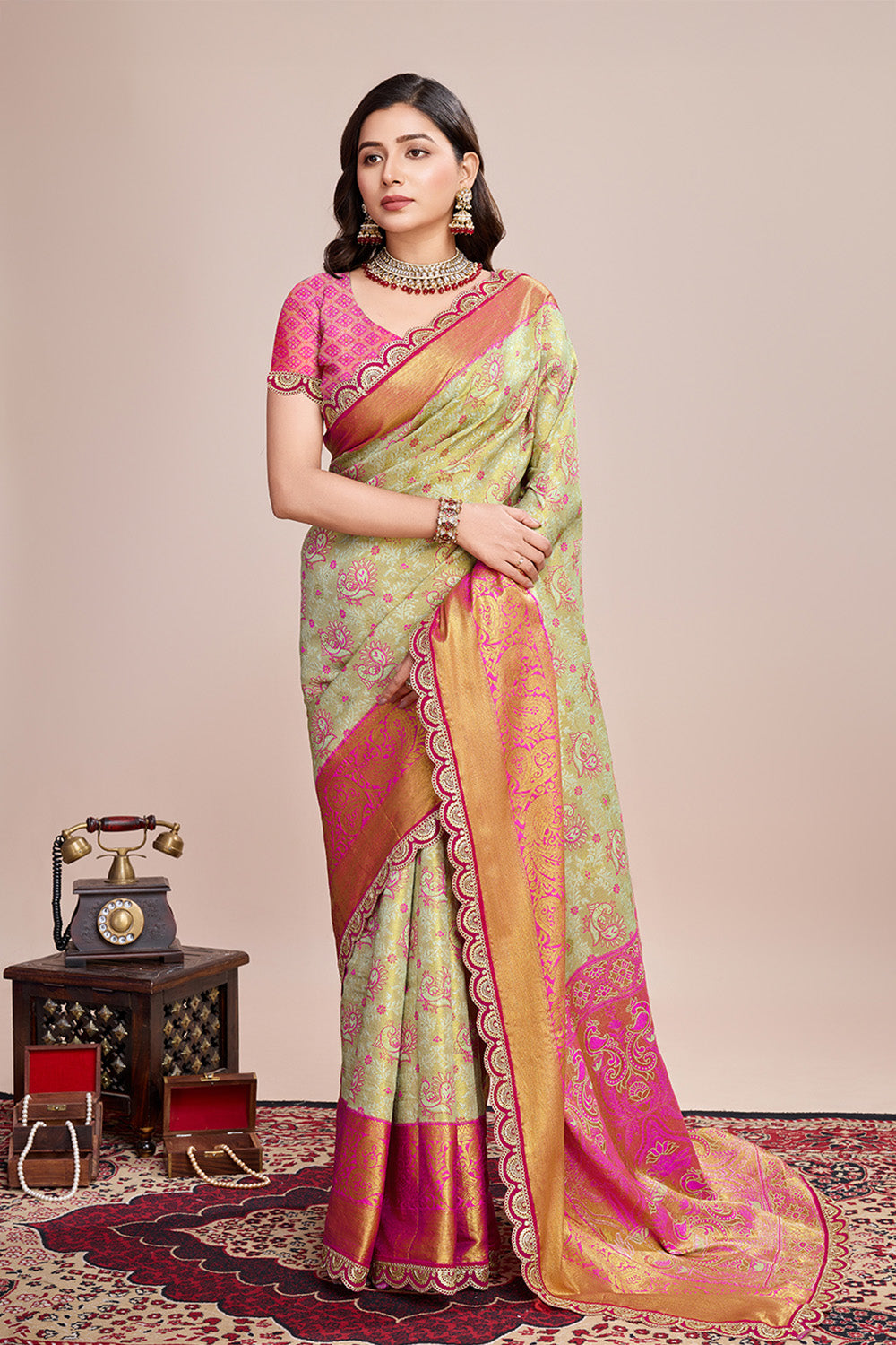 Green Orange All Over Zari Saree With Rich Pallu