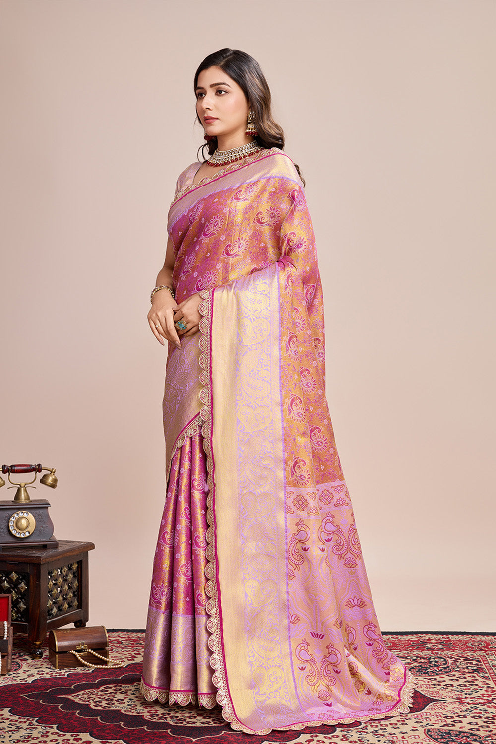 Pink All Over Zari Saree With Rich Pallu