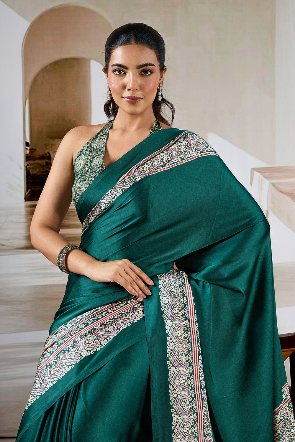 Green Printed Ajarakh Satin Crepe Saree