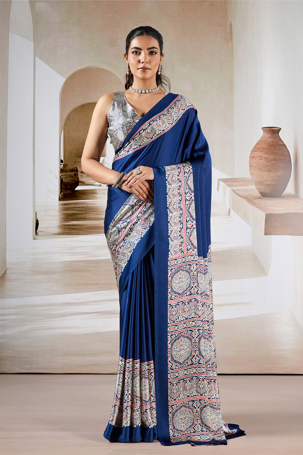 Navy Printed Ajarakh Satin Crepe Saree