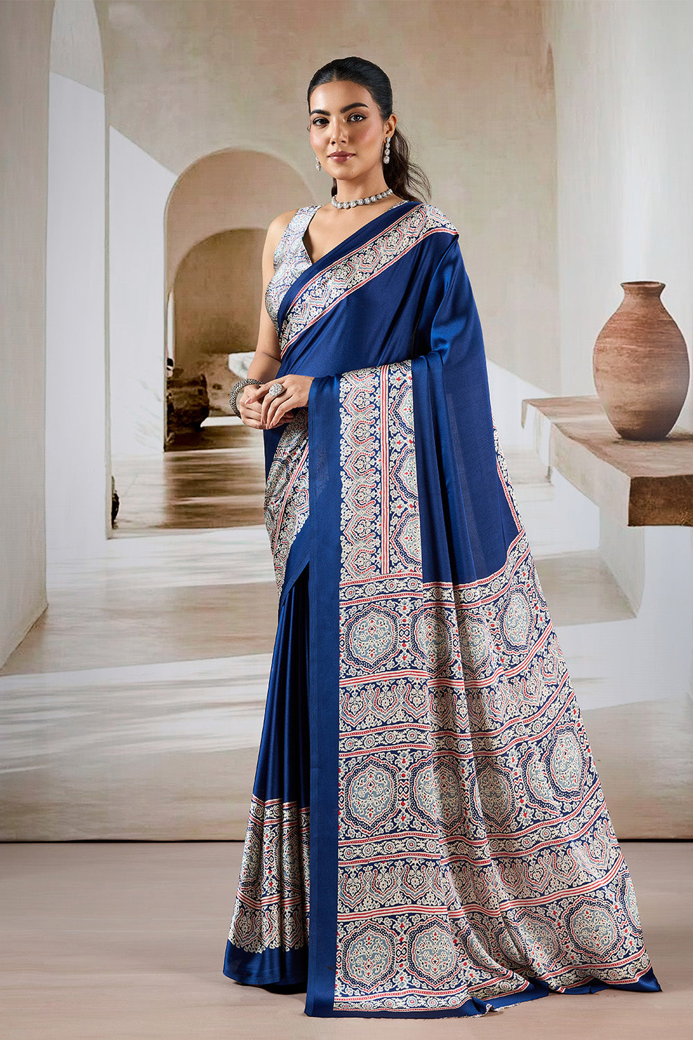 Navy Printed Ajarakh Satin Crepe Saree