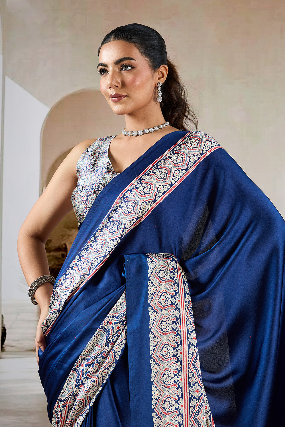 Navy Printed Ajarakh Satin Crepe Saree