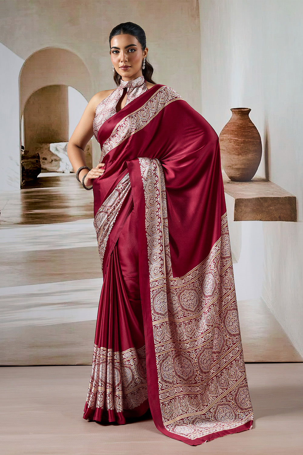 Red Printed Ajarakh Satin Crepe Saree