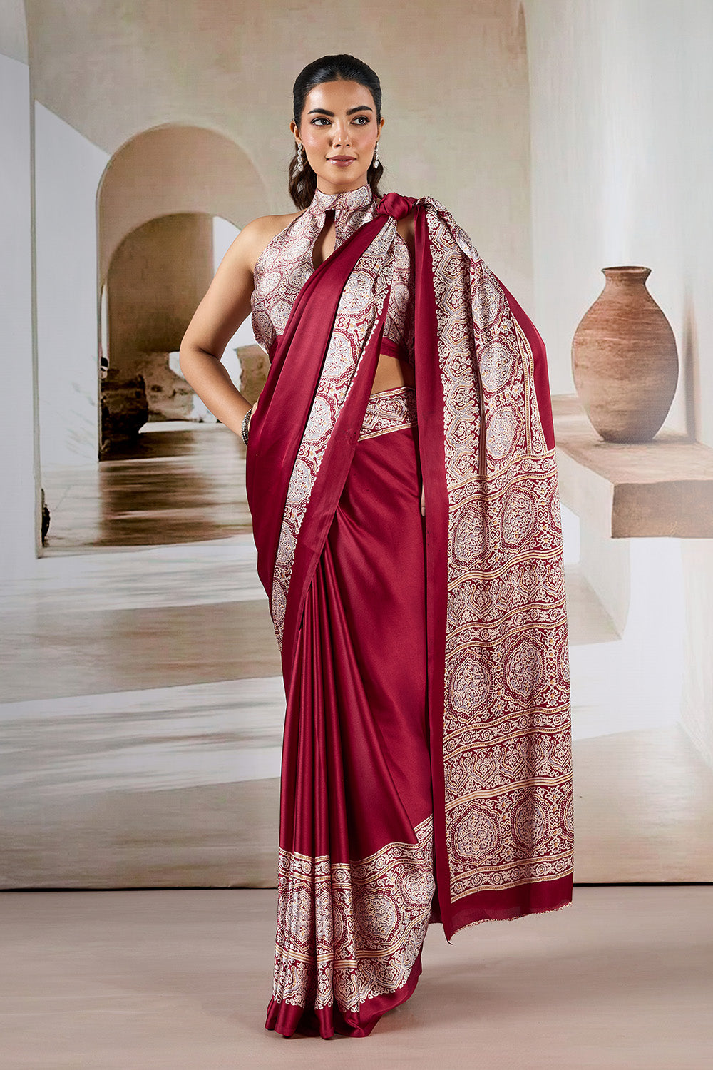Red Printed Ajarakh Satin Crepe Saree