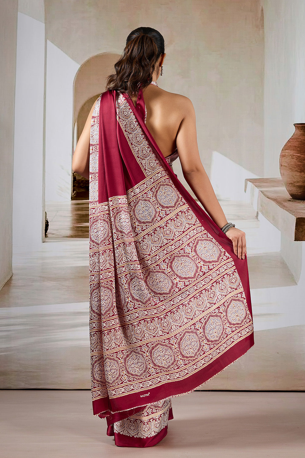 Red Printed Ajarakh Satin Crepe Saree