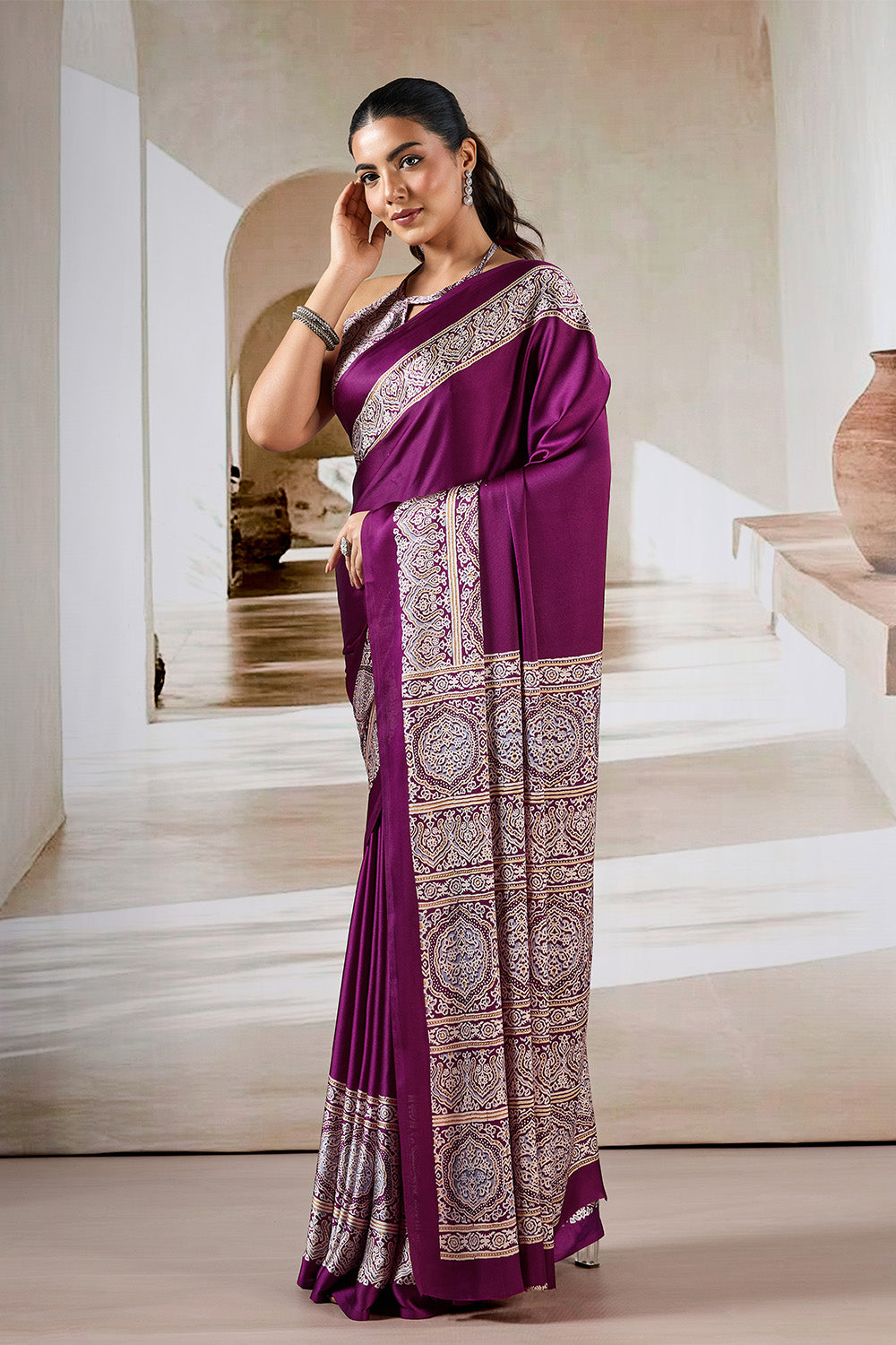 Wine Printed Ajarakh Satin Crepe Saree