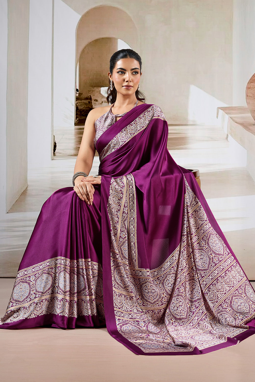 Wine Printed Ajarakh Satin Crepe Saree