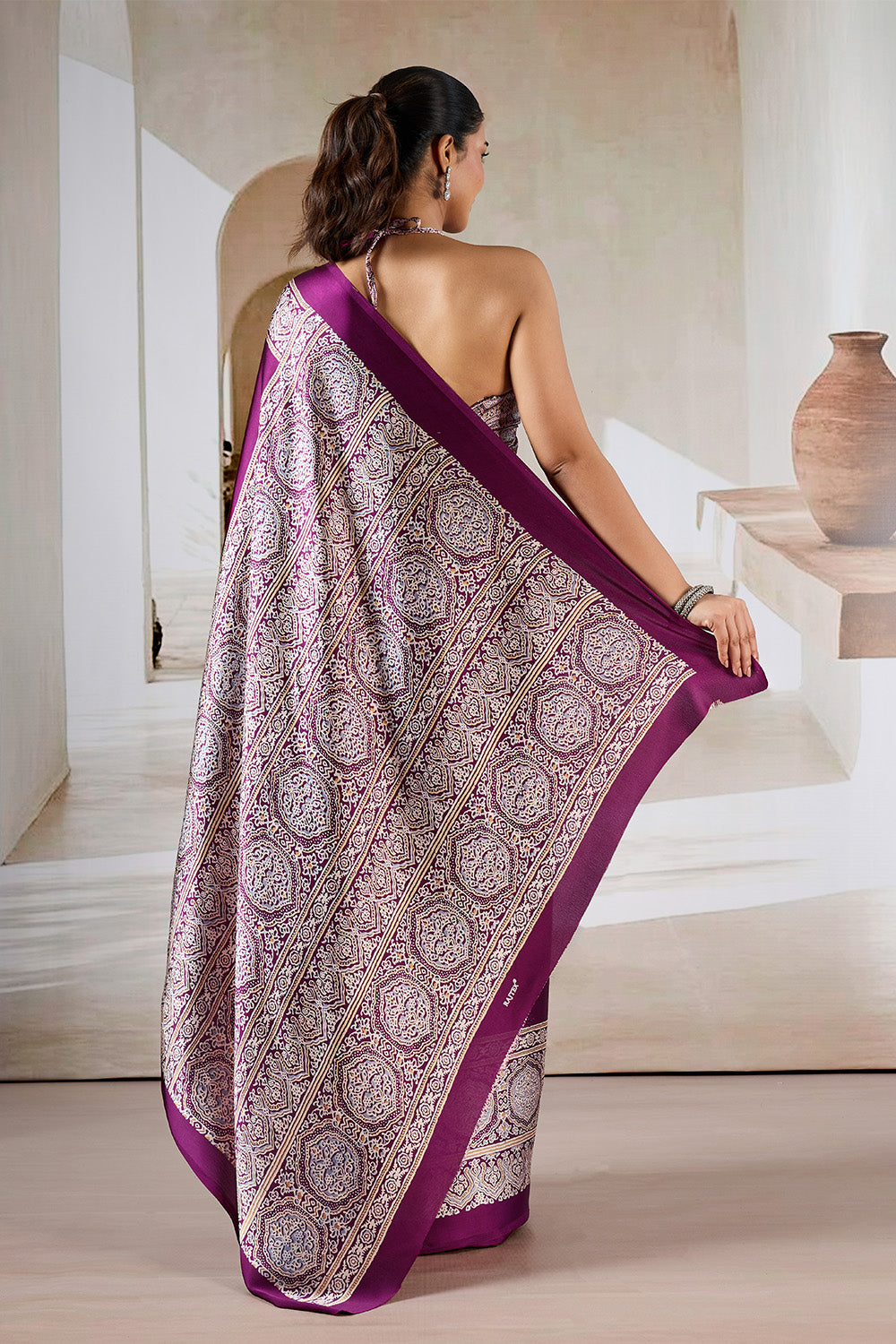 Wine Printed Ajarakh Satin Crepe Saree