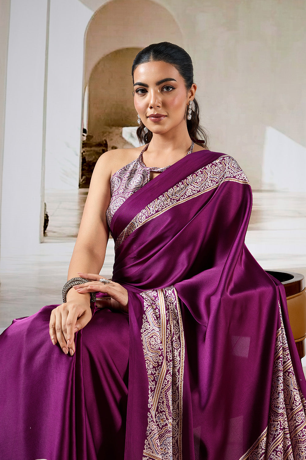 Wine Printed Ajarakh Satin Crepe Saree