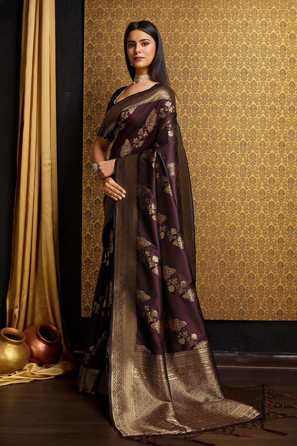 Deep Maroon Banarasi Sari with bel design