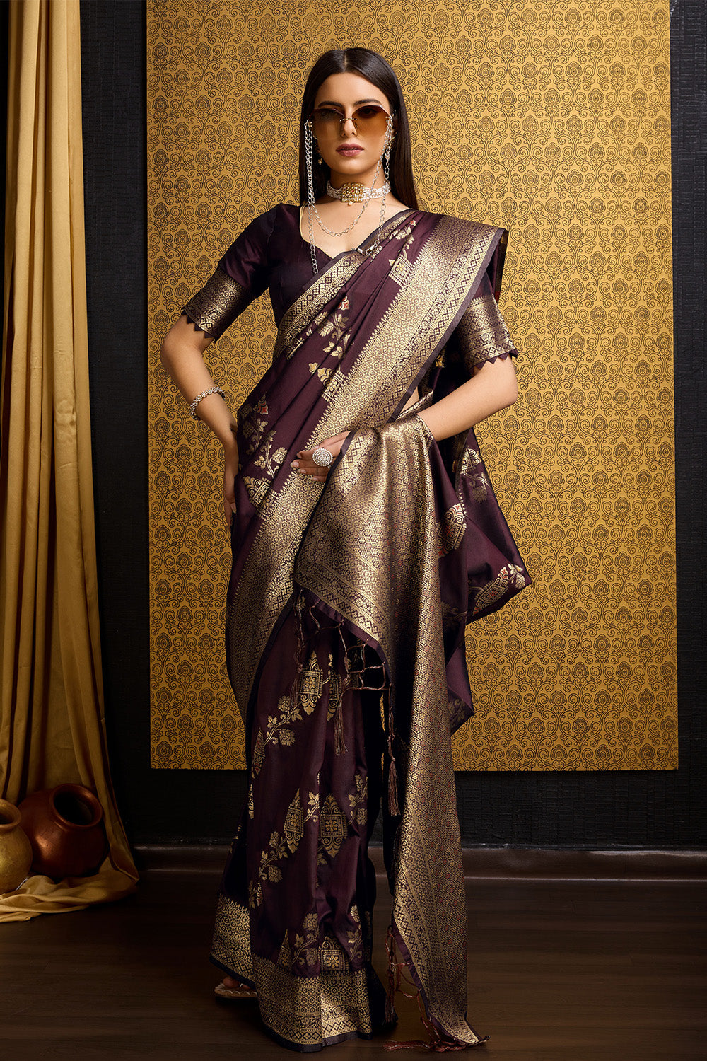 Deep Maroon Banarasi Sari with bel design