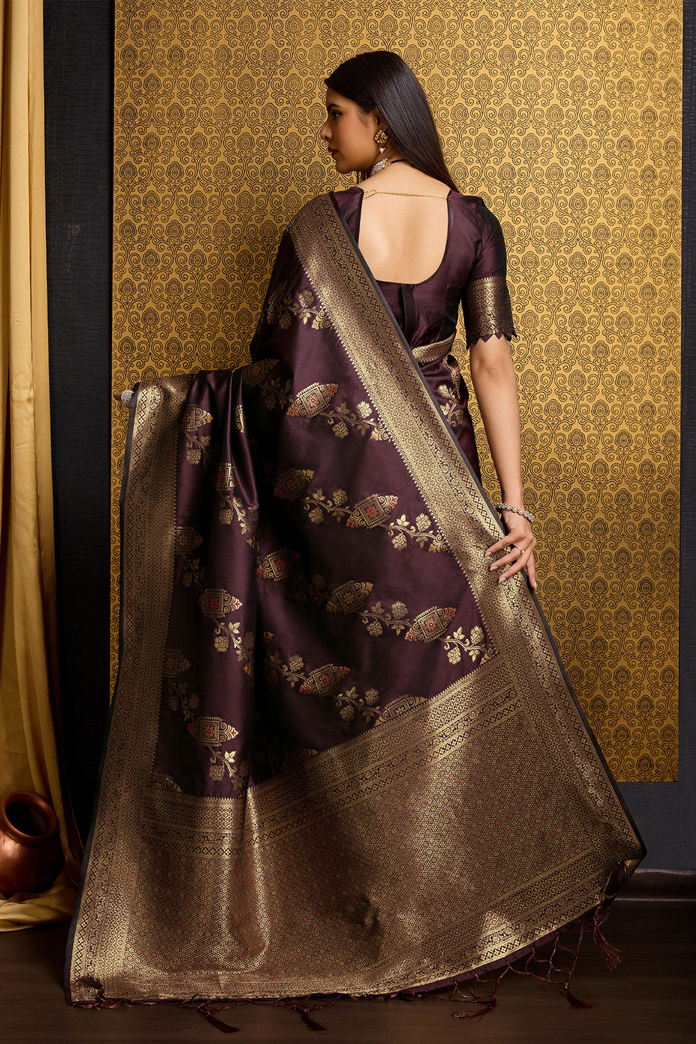 Deep Maroon Banarasi Sari with bel design