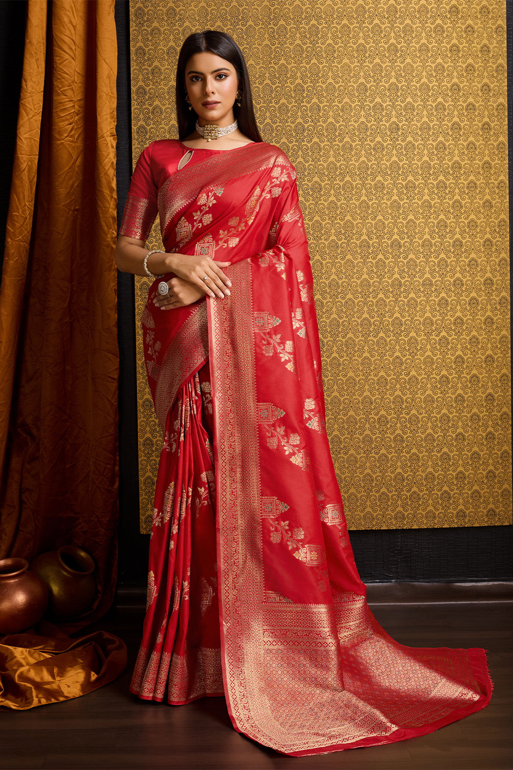 Red Banarasi Sari with floral design