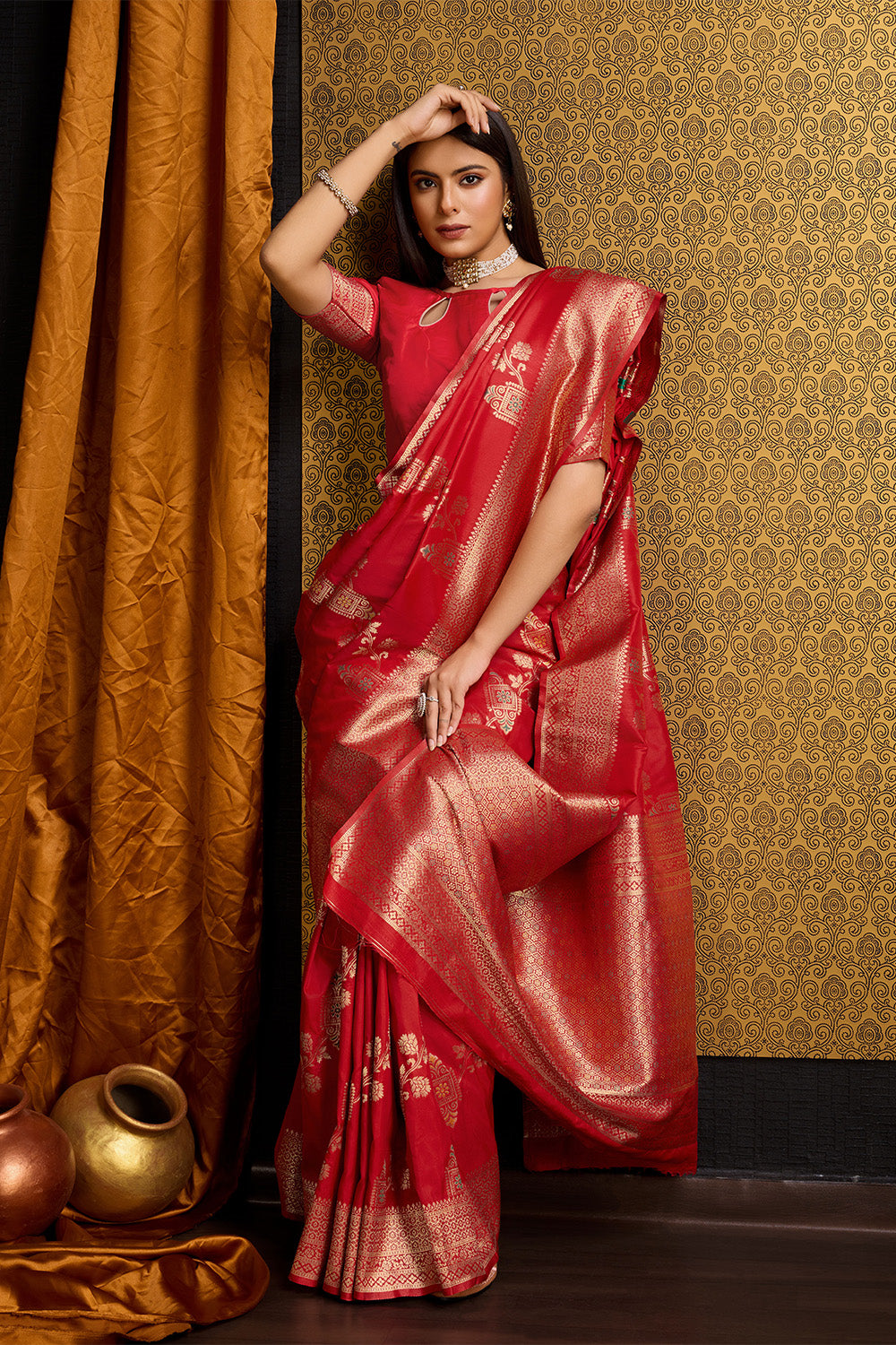 Red Banarasi Sari with floral design