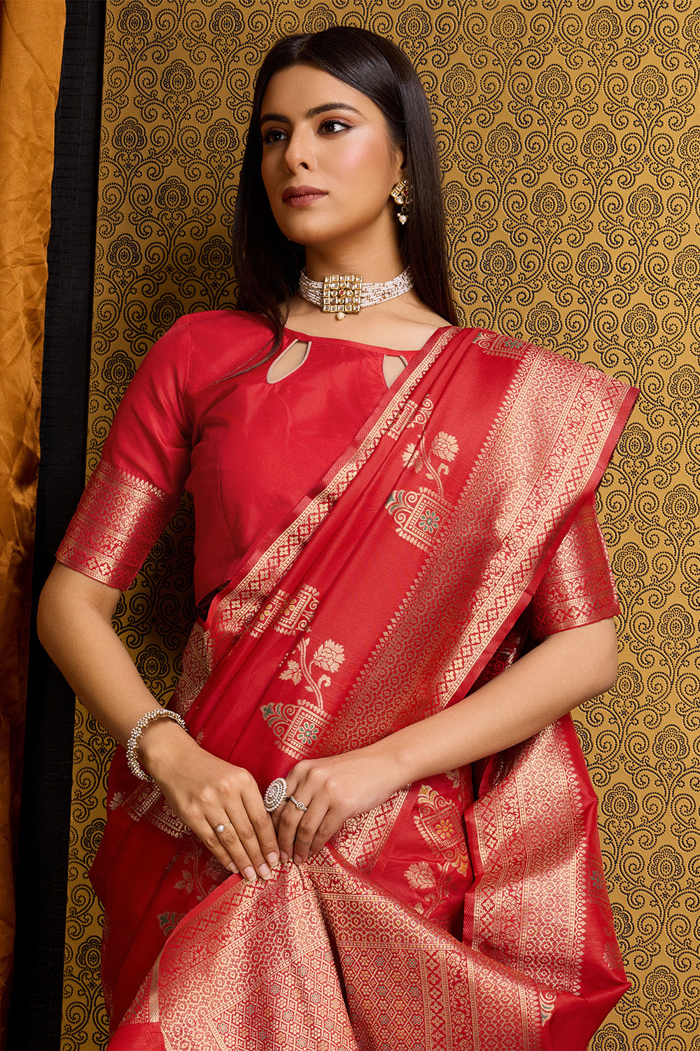 Red Banarasi Sari with floral design