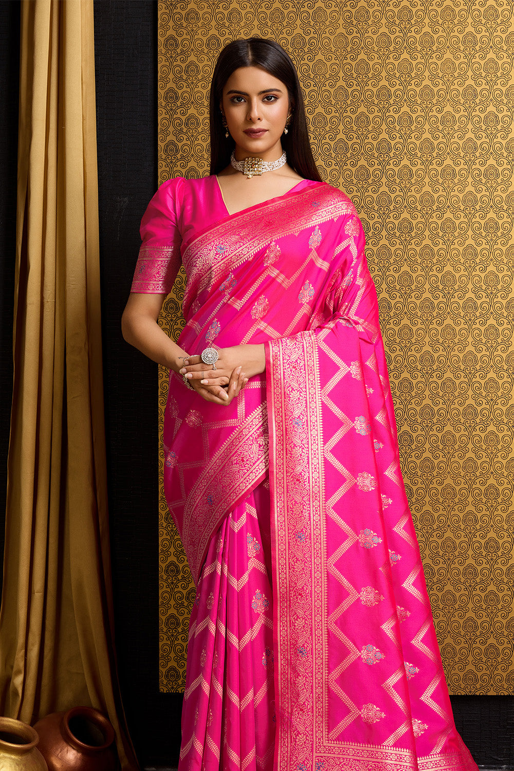 Rani Pink Banarasi saree with Leheriya Motifs