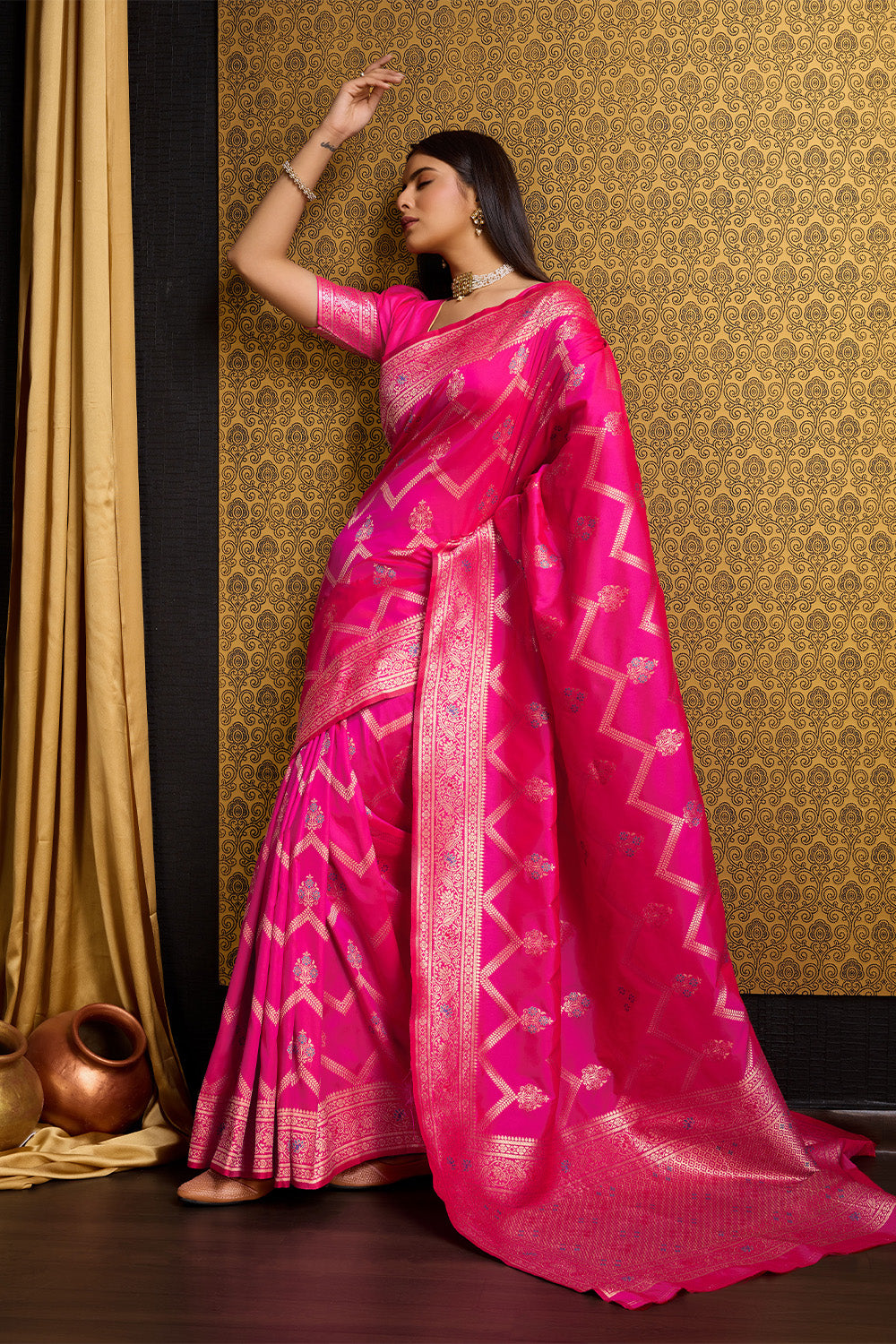 Rani Pink Banarasi saree with Leheriya Motifs