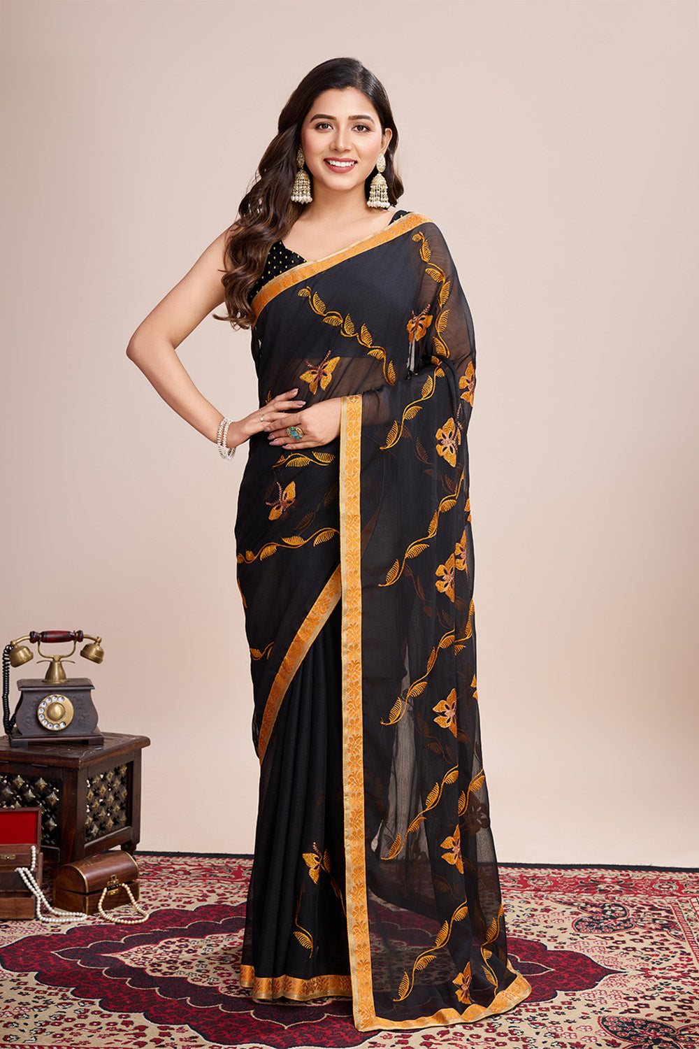 Black Georgette Saree Soft Pastel Yellow Embroidery
