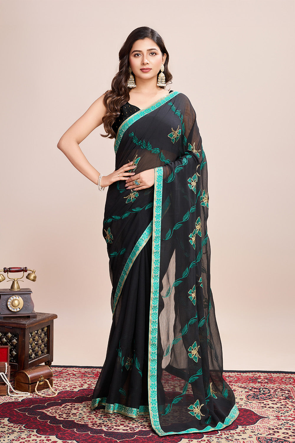 Black Georgette Saree Soft Pastel Green Embroidery