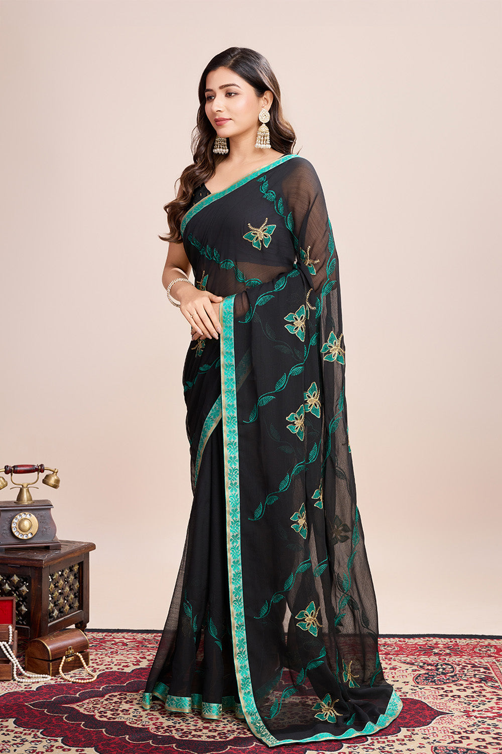 Black Georgette Saree Soft Pastel Green Embroidery