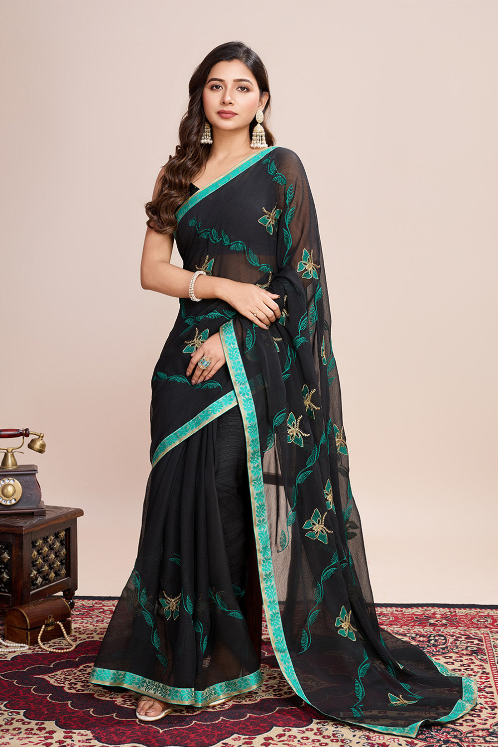Black Georgette Saree Soft Pastel Green Embroidery