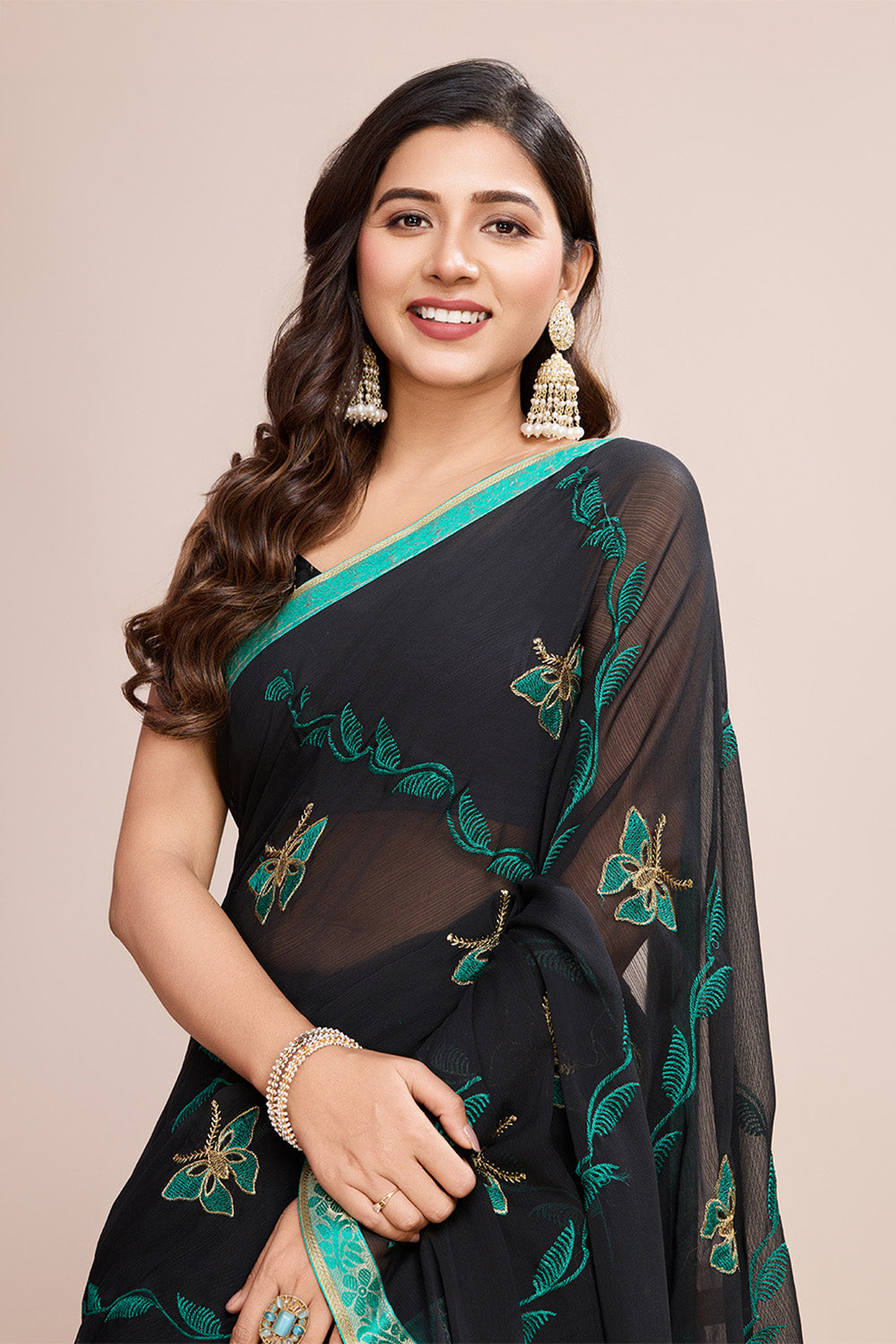 Black Georgette Saree Soft Pastel Green Embroidery