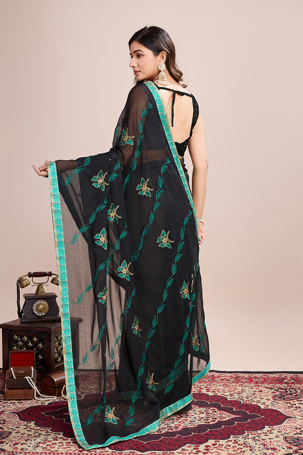 Black Georgette Saree Soft Pastel Green Embroidery