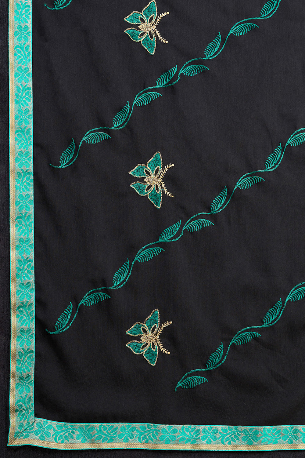 Black Georgette Saree Soft Pastel Green Embroidery
